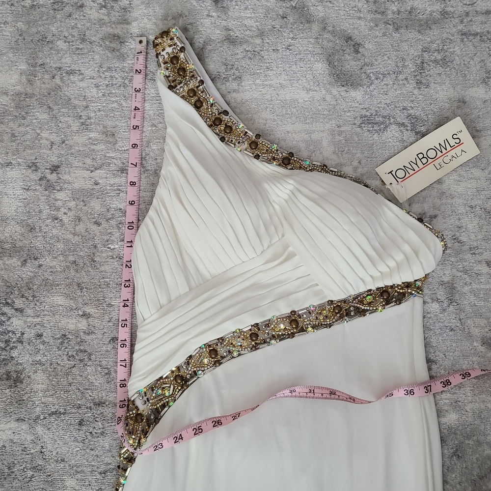 Tony Bowls White Gold Evening Prom Gown Size 10 - Picture 8 of 14